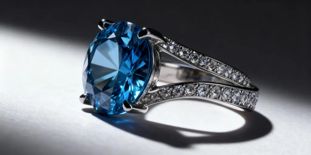 Petrals kék drágakővel díszített, ezüst színű gyűrű makrófelvétele, pavé foglalású, apró, csillogó kövekkel kirakott, keresztezett gyűrűszárral, erős oldalirányú fényben, hangsúlyos árnyékkal a világos háttéren.