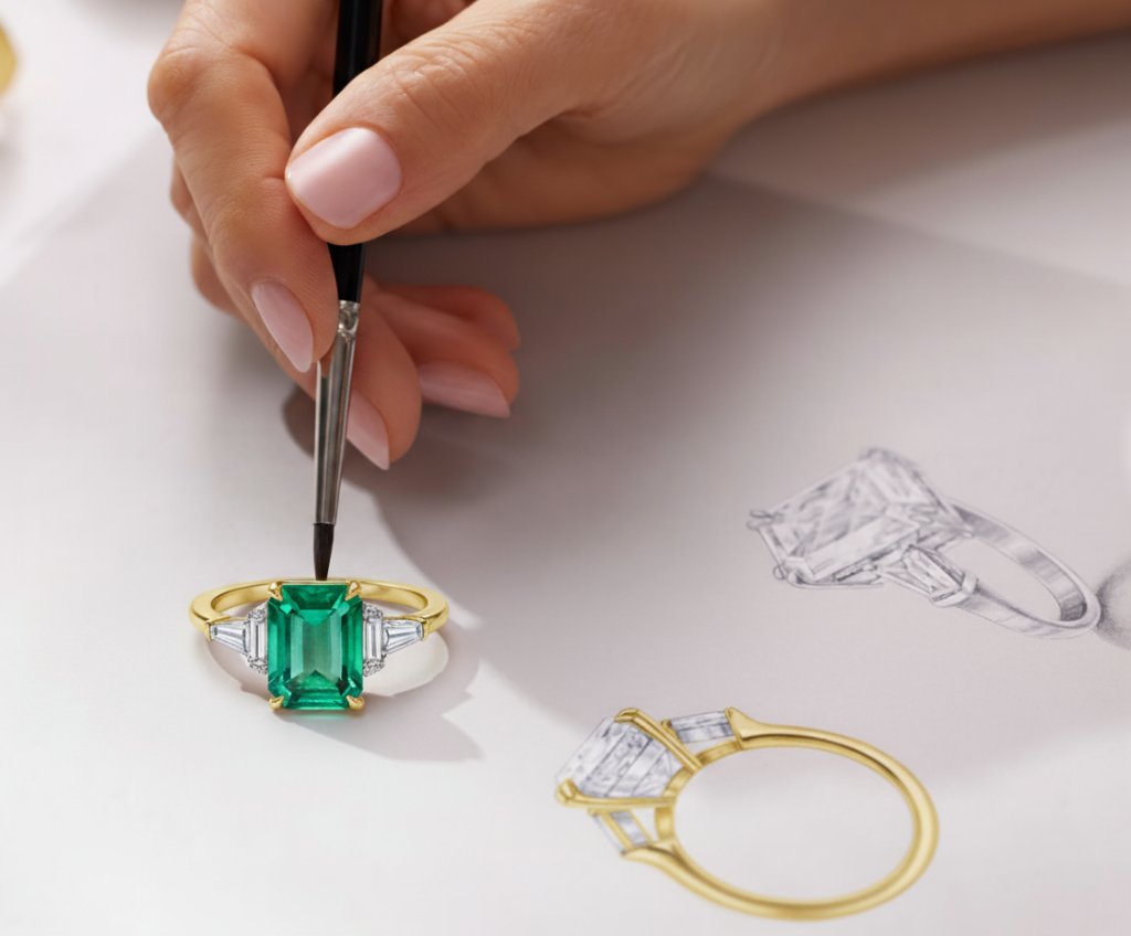 Kézzel készített smaragdköves arany gyűrű fotórealisztikus tervezése, ahol egy női kéz ecsettel festi a gyűrűt egy műszaki rajzon, az asztalon további gyűrűvázlatok láthatók.