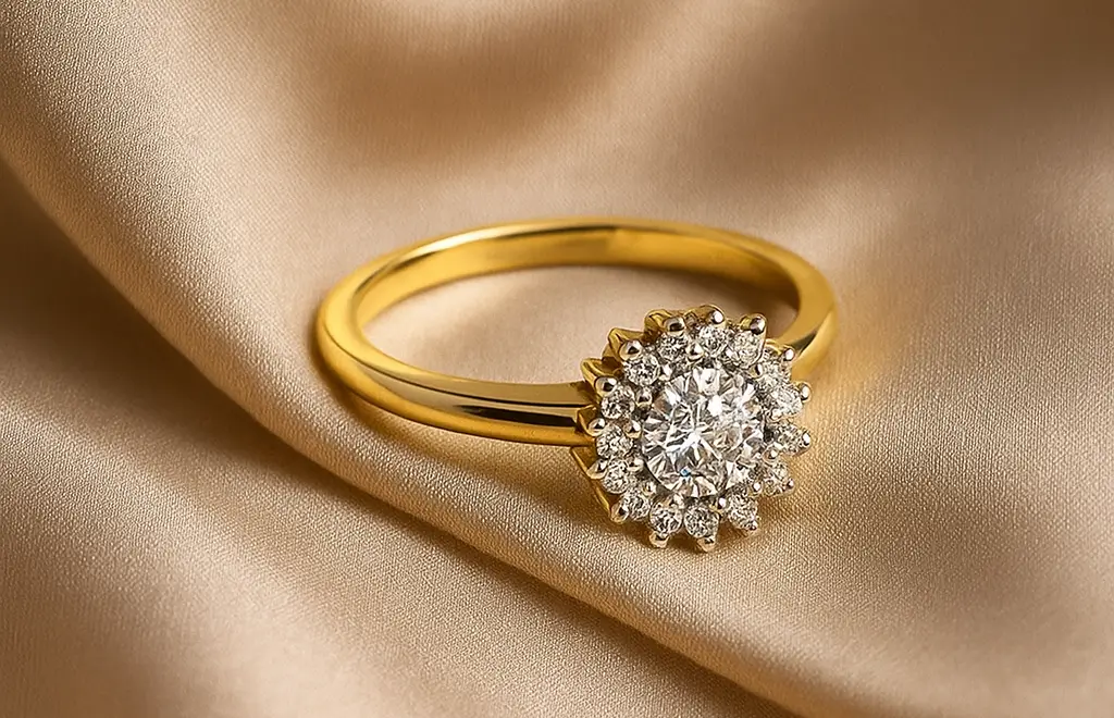 Petrals aranygyűrű középen ragyogó gyémánttal, körülötte apróbb kövekkel díszítve, selyem anyagon elhelyezve luxus hangulatban.