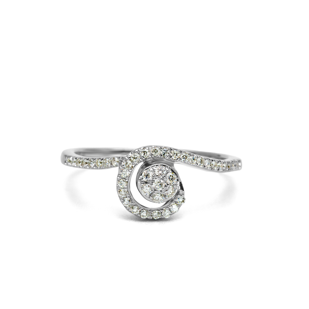 Petrals fehérarany gyűrű hullámos sínnel, kör spirál pavé foglalattal és briliáns gyémánttal, karakteres női dizájnban