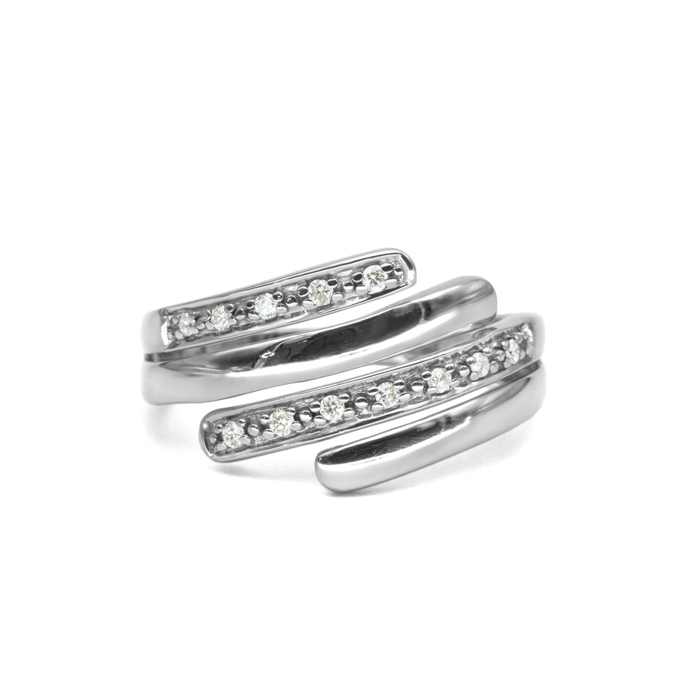 Petrals fehérarany gyűrű hullámos rétegsínekkel és pavé gyémántsorral, letisztult modern női dizájnban