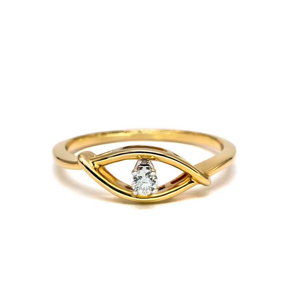 Petrals Calliste sárga arany gyűrű, szemmotívum formában középen karmos foglalatú kör alakú briliáns gyémánttal.