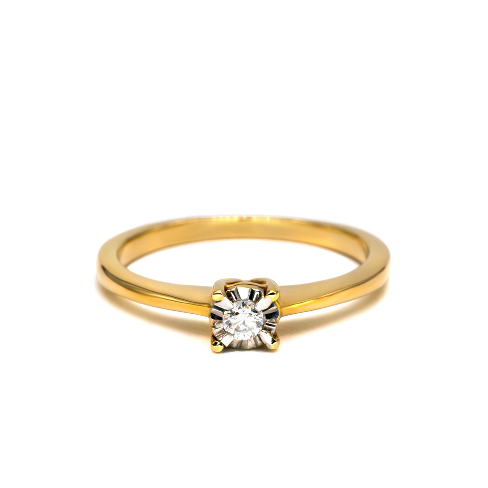 Petrals Dahliana sárga arany gyűrű szögletes négykarmos foglalatban csiszolt briliáns gyémánttal.