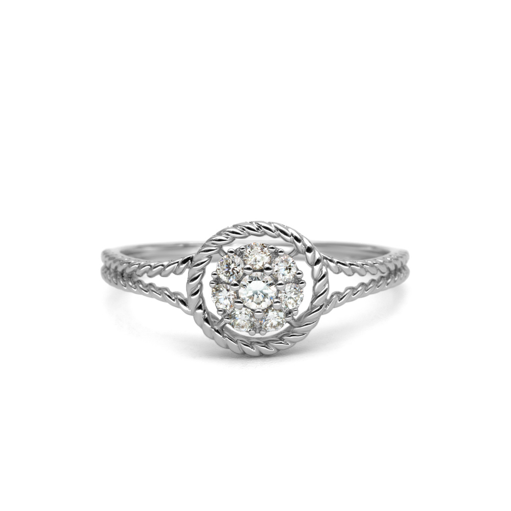 Petrals fehérarany gyűrű kör alakú, zsinór mintázatú sínnel és pavé virág foglalattal, elegáns női dizájnban