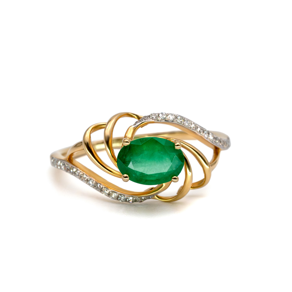 Petrals Zinnia szecessziós stílusú sárga és fehérarany gyűrű ovális smaragddal és pavé gyémánt díszítéssel.