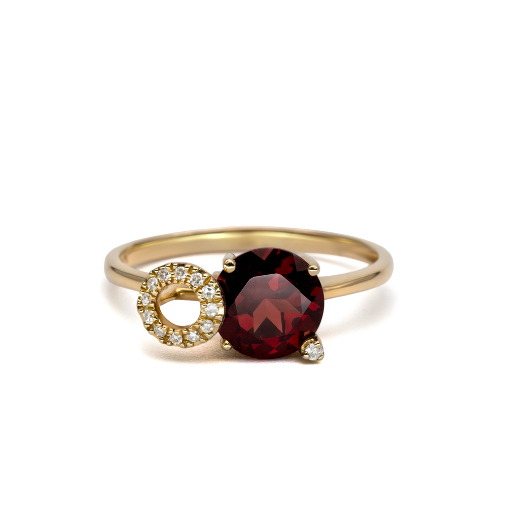 Petrals arany gyűrű vörös fő kővel és gyémánt kördísszel, modern, különleges női designban
