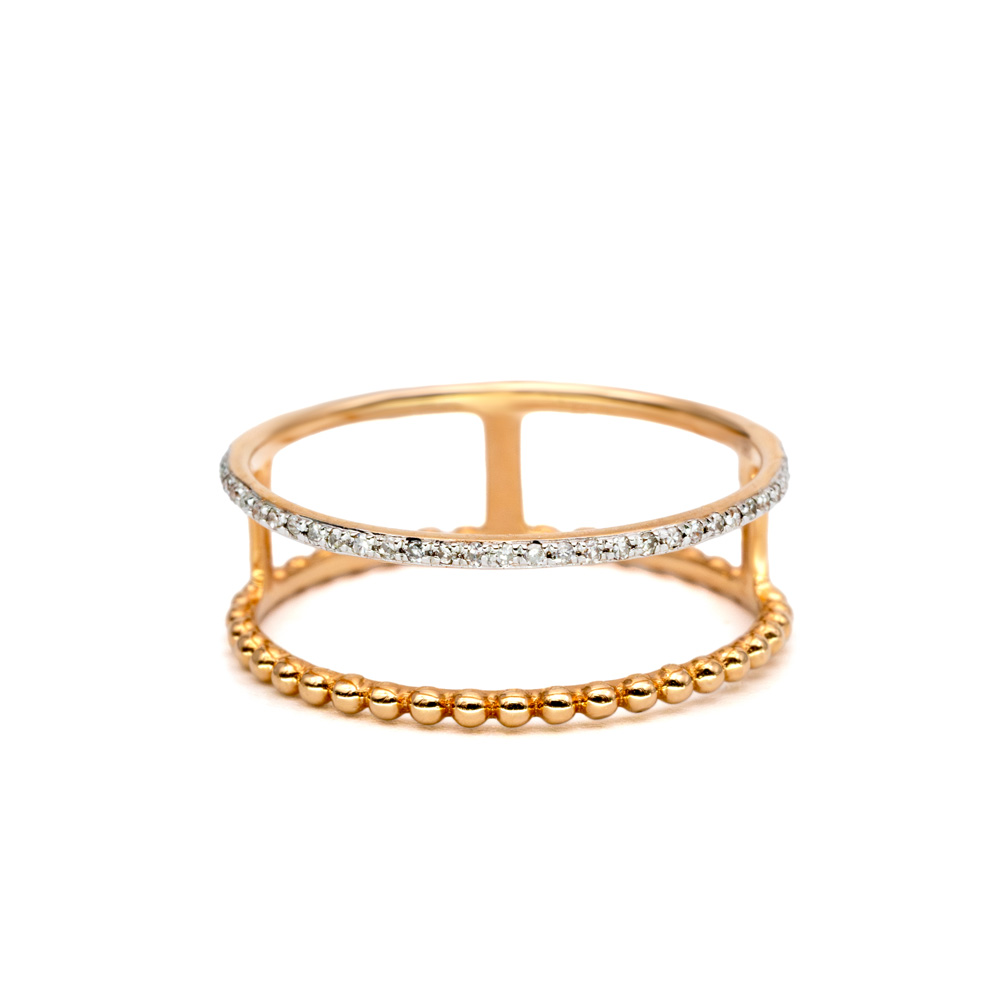 Petrals Camellia rozé arany kétpántos gyűrű gyöngysor és pavé gyémánt díszítéssel.