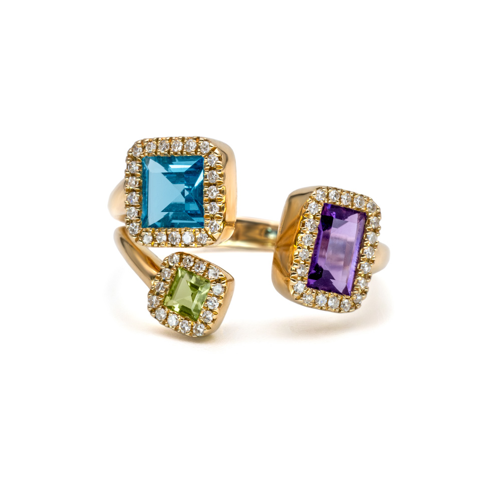 Petrals Lobelia sárga arany trió gyűrű topázzal, peridottal, ametiszttel és pavé foglalású briliáns gyémántkerettel.