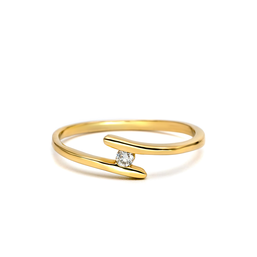 Petrals Lantana minimalista nyitott sárga arany gyűrű briliáns gyémánttal az átkarolásban.
