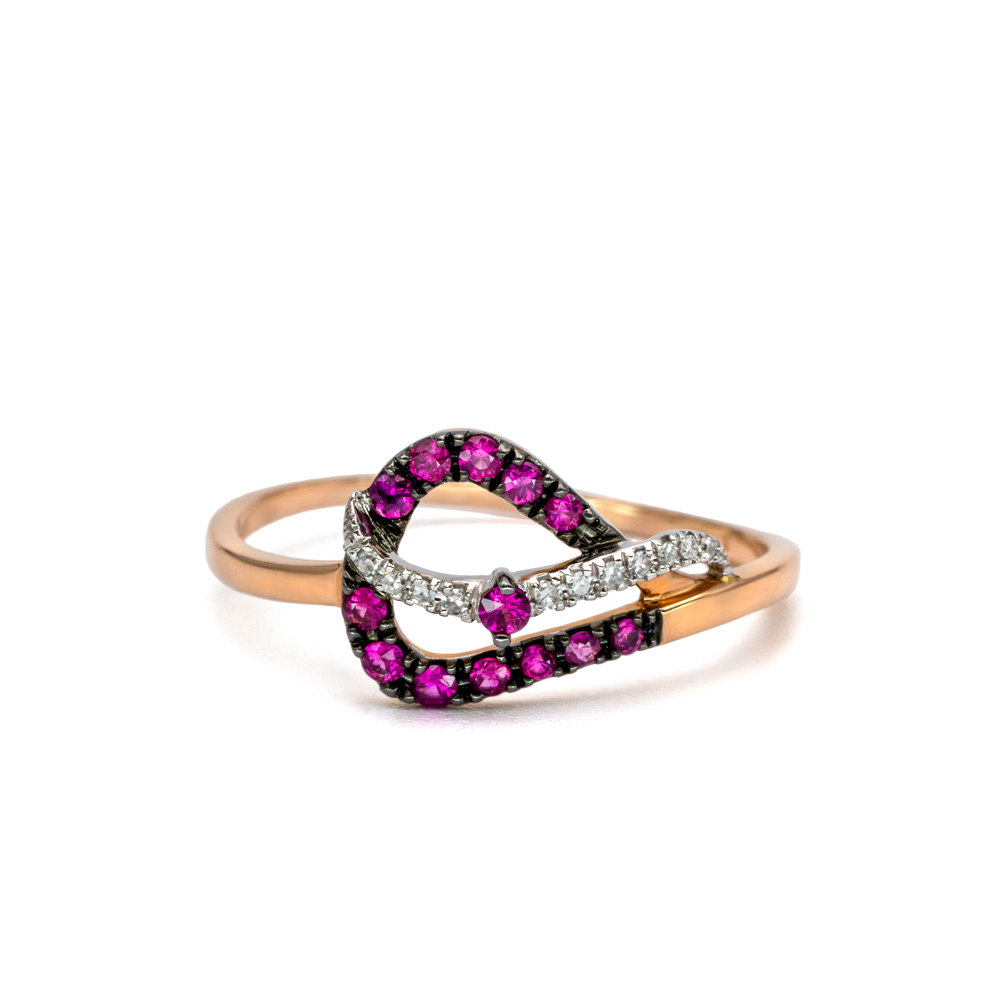 Petrals Passiflora modern rozé arany hullámos gyűrű pavé foglalású rubinokkal és gyémánt középponttal.