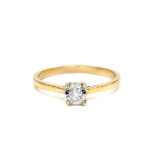 Petrals Malva klasszikus sárga arany szoliter gyűrű, négy fogban rögzített, kerek csiszolású gyémánttal.