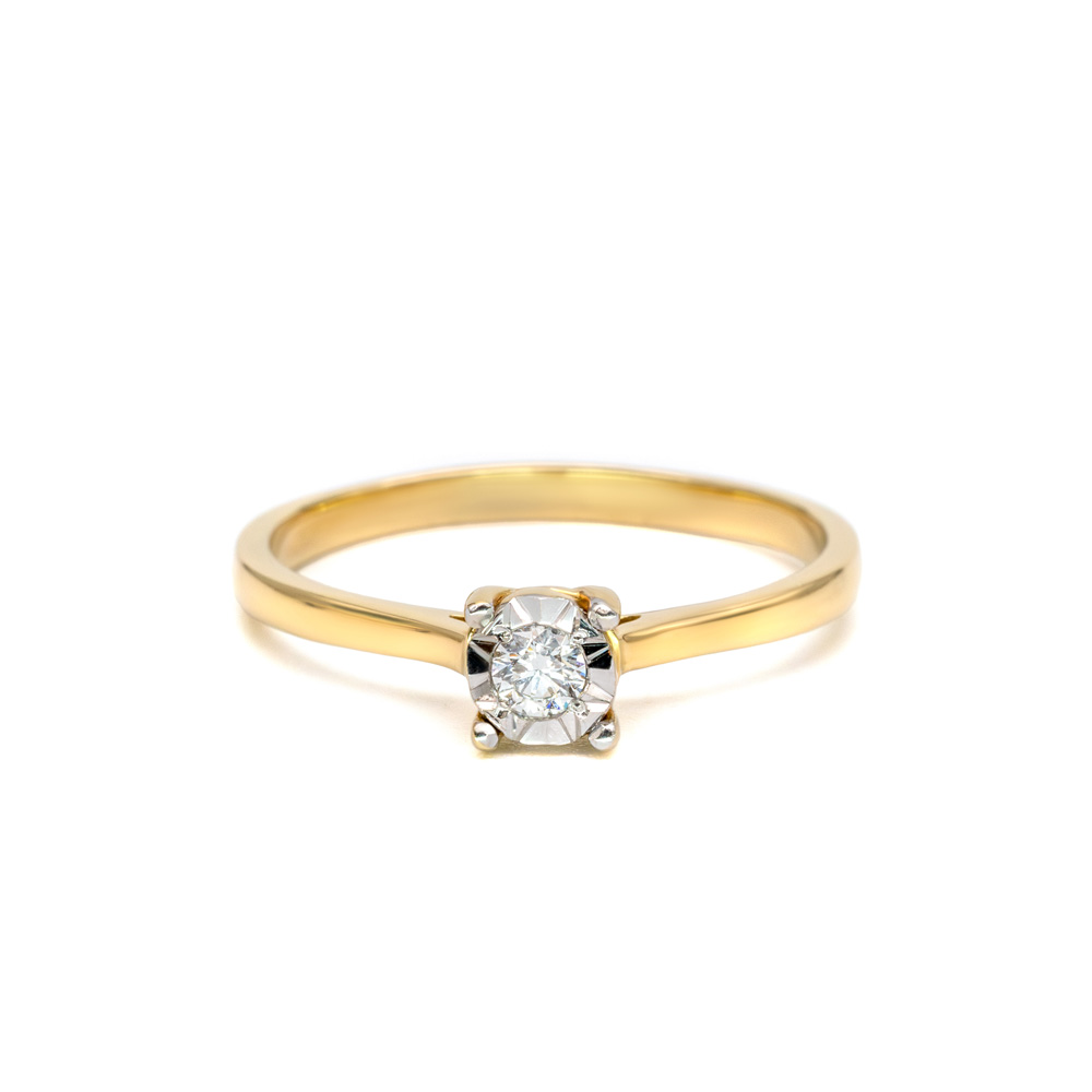 Petrals Malva klasszikus sárga arany szoliter gyűrű, négy fogban rögzített, kerek csiszolású gyémánttal.