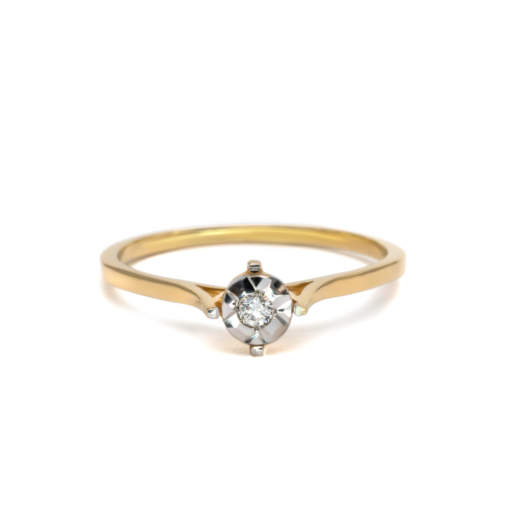Petrals Anemone klasszikus sárga arany szoliter gyűrű hatszögletű fehérarany foglalatban ragyogó gyémánttal.