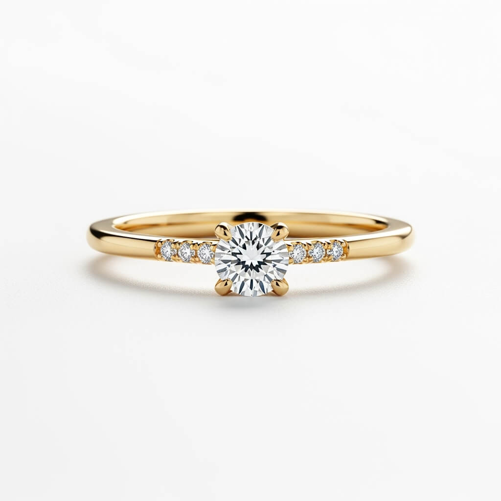 Petrals arany eljegyzési gyűrű kerek középső gyémánttal és oldalán apró kövekkel stúdiófotón, elegáns fehér háttér előtt.