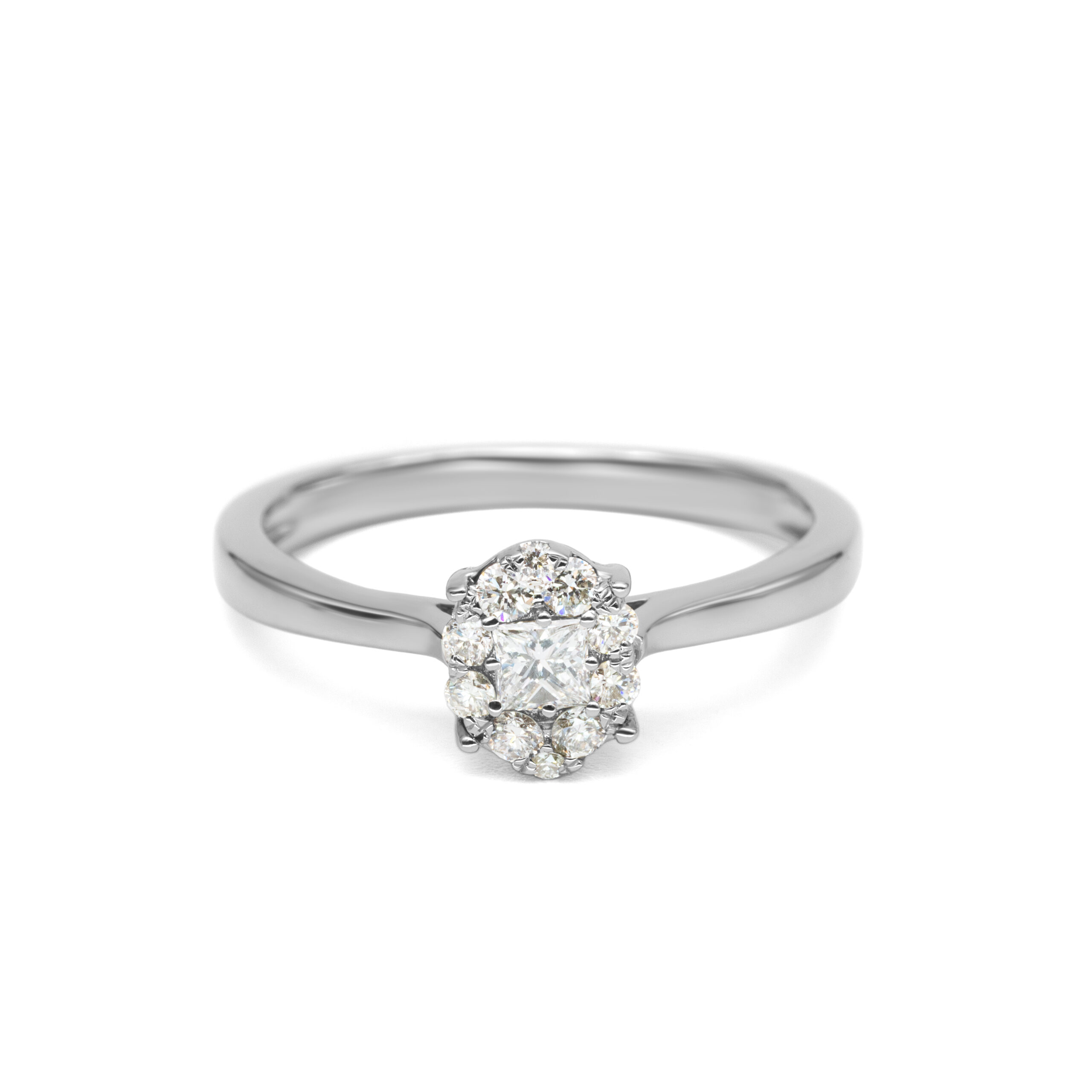 Petrals fehérarany gyűrű ovális halo foglalattal és briliáns gyémántkövekkel, nőies elegáns dizájnban