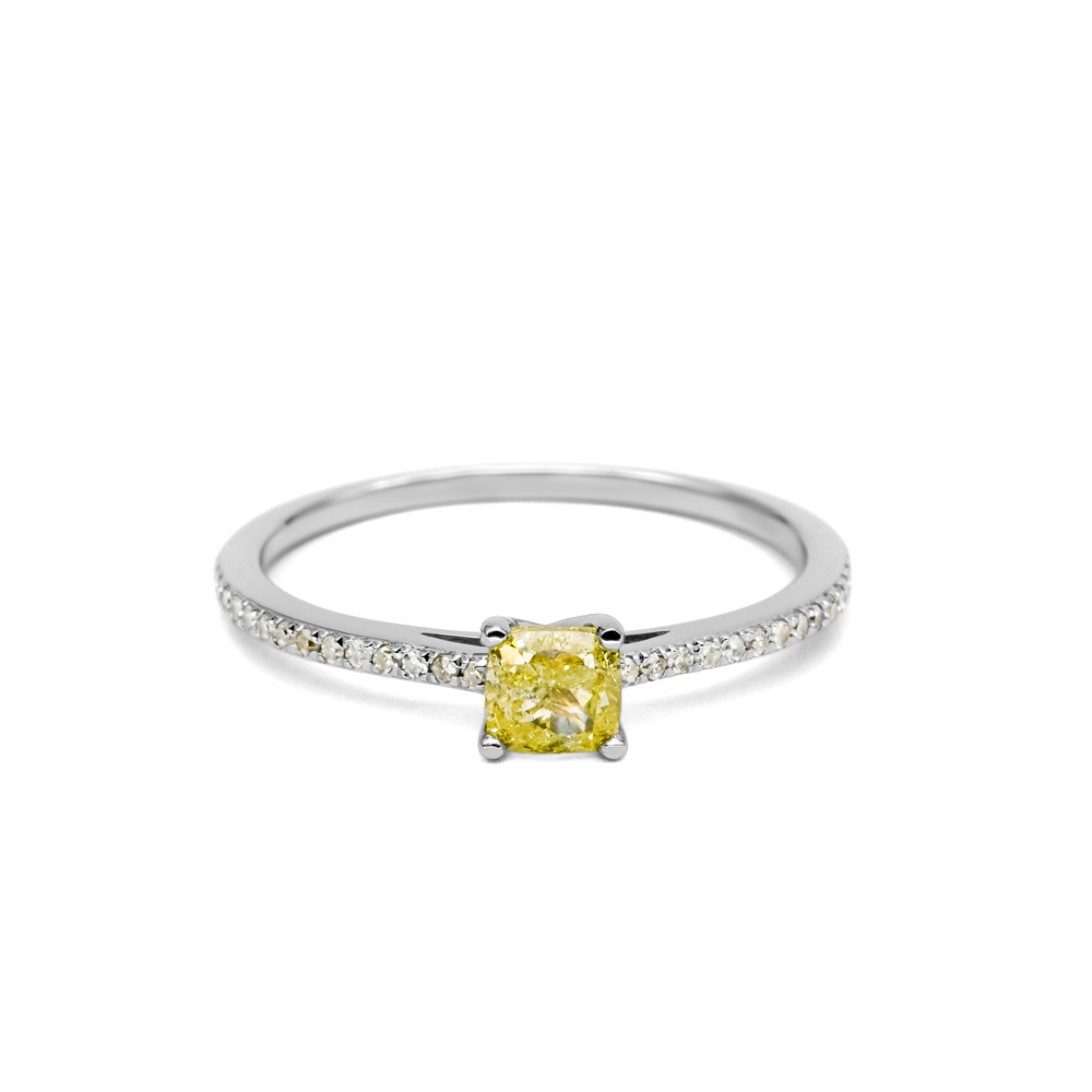 Petrals fehérarany gyűrű sárga párna csiszolású gyémánttal, pavé briliáns díszítéssel, modern luxus dizájnban