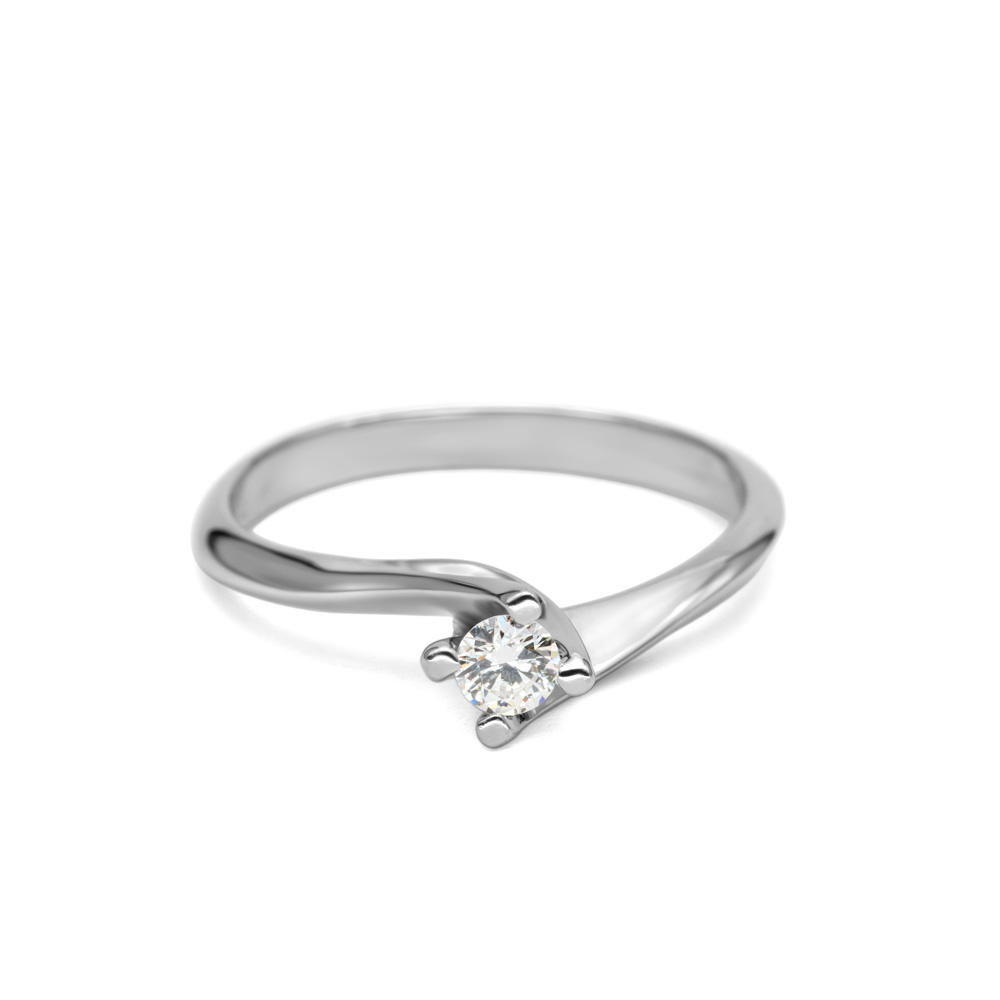 Petrals fehérarany gyűrű aszimmetrikus íves sínnel, központi négykarmos briliáns gyémánttal