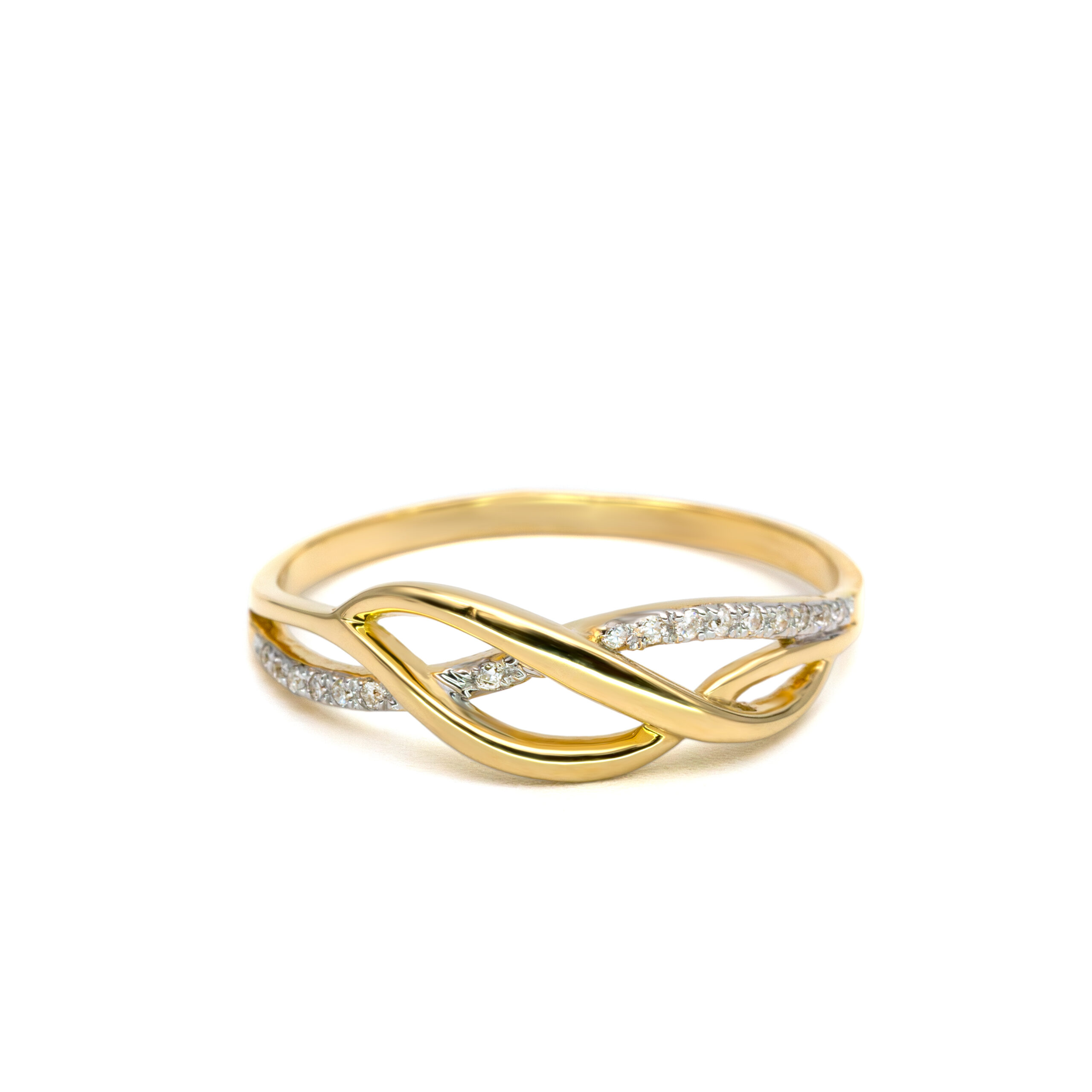 Petrals sárgaarany gyűrű fonott íves motívummal, briliáns gyémántsorral, stílusos női dizájnban