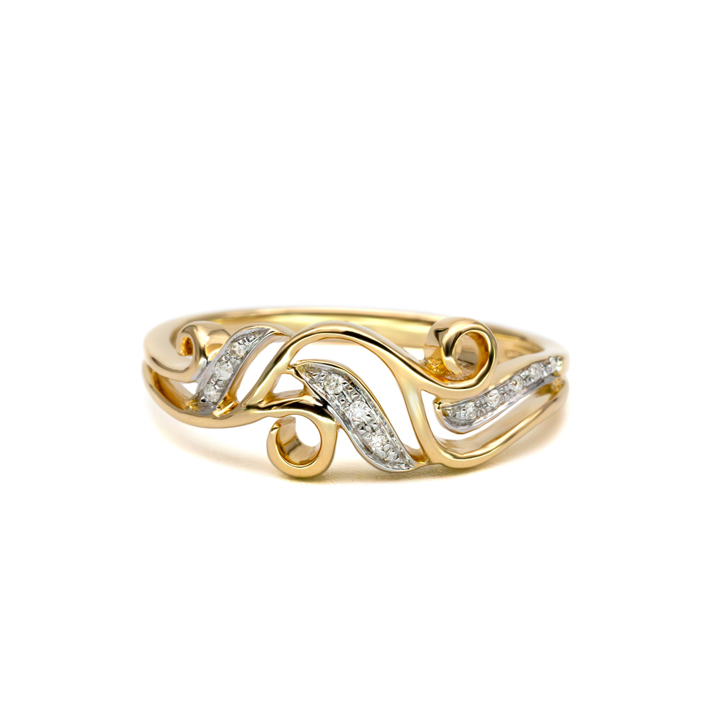 Petrals sárgaarany gyűrű hullám indás mintával és briliáns gyémánt díszítéssel, légies, modern női dizájnban