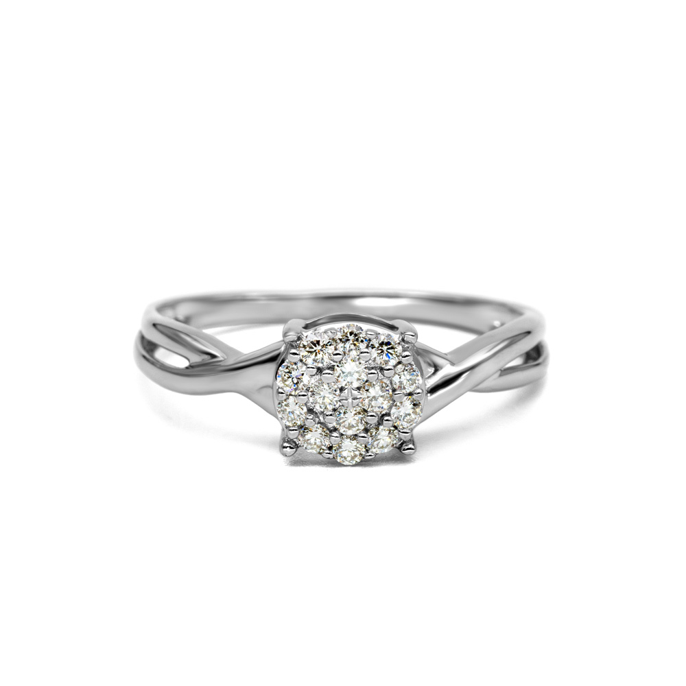 Petrals fehérarany gyűrű kereszt sínnel és pavé cluster foglalattal, modern női dizájnban