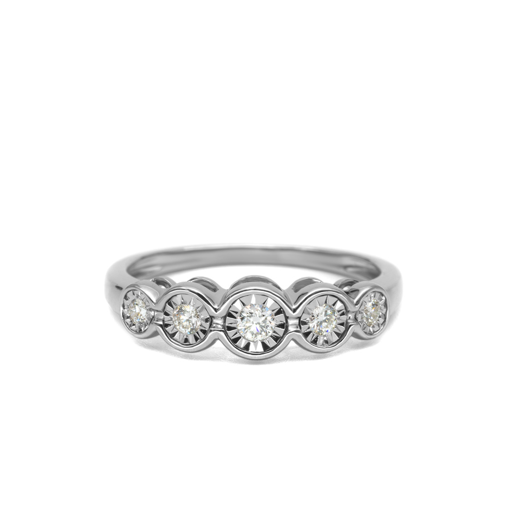 Petrals fehérarany gyűrű öt kerek foglalatú briliáns gyémánttal, hullámvonalú sínnel, modern klasszikus női dizájnban