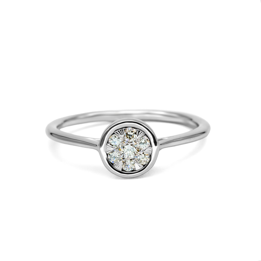 Petrals fehérarany gyűrű modern kör foglalattal, központi pavé gyémántokkal, elegáns női dizájnban