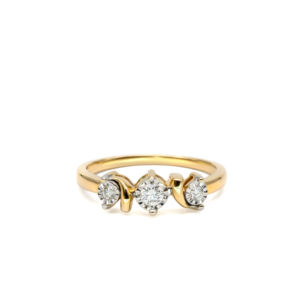 Petrals sárga arany gyűrű három briliáns gyémánttal, íves fehérarany foglalatban