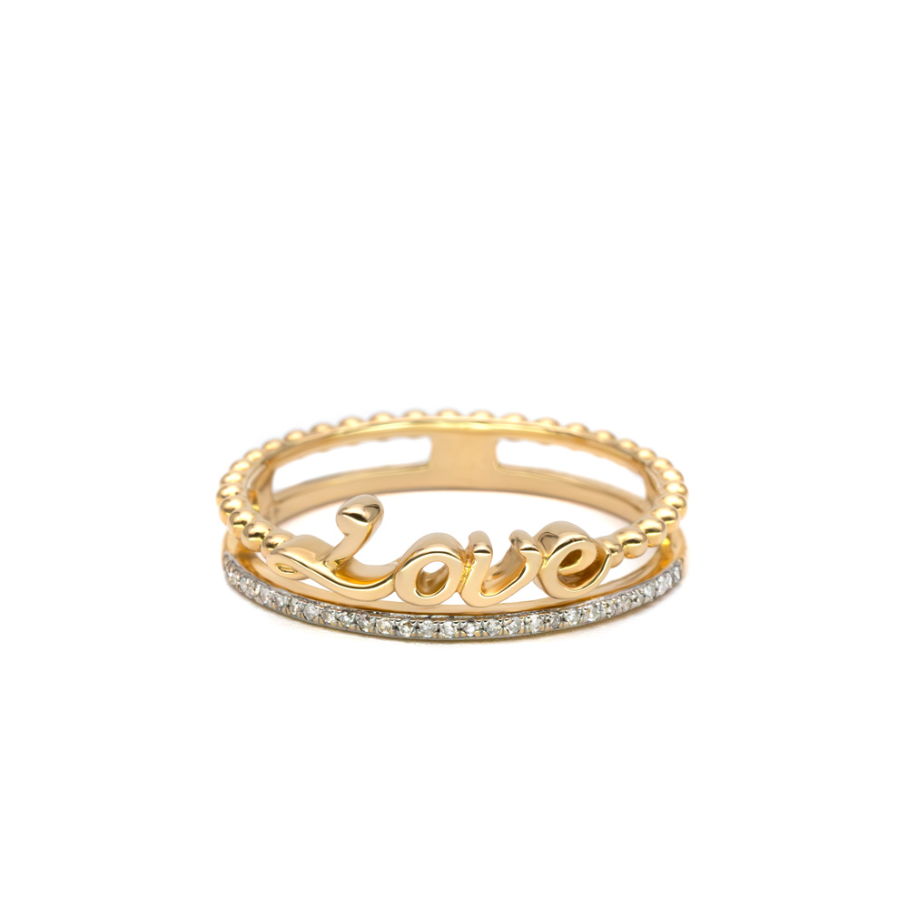 Petrals sárga arany gyűrű duplasínnel, pavé gyémánttal, gömbdíszes és love feliratos modern dizájnban