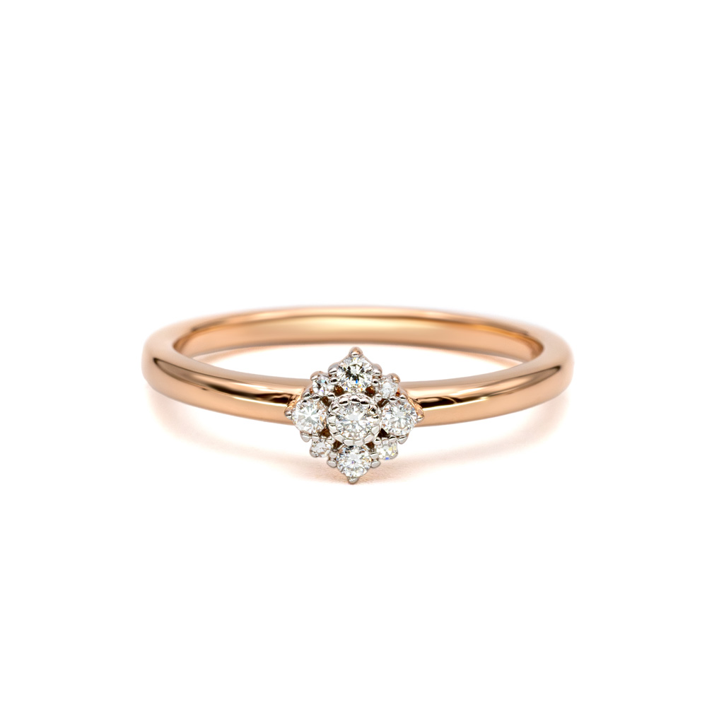 Petrals rozéarany gyűrű hatszirmú virág cluster foglalattal és briliáns gyémántokkal, modern női dizájnban