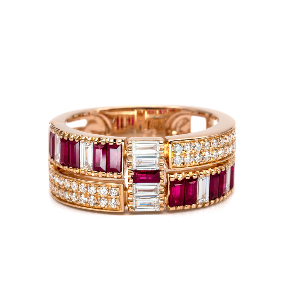 Petrals rozéarany gyűrű karakteres rubin sorral és pavé gyémánt díszítéssel, luxus női dizájnban