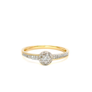 Petrals sárga arany halo gyűrű központi gyémánttal és pavé gyémánt sorral