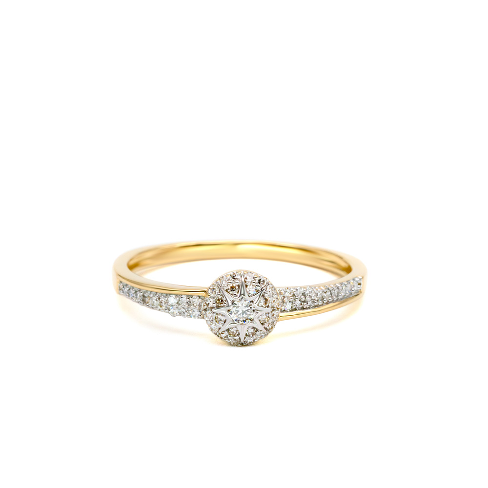 Petrals sárga arany halo gyűrű központi gyémánttal és pavé gyémánt sorral