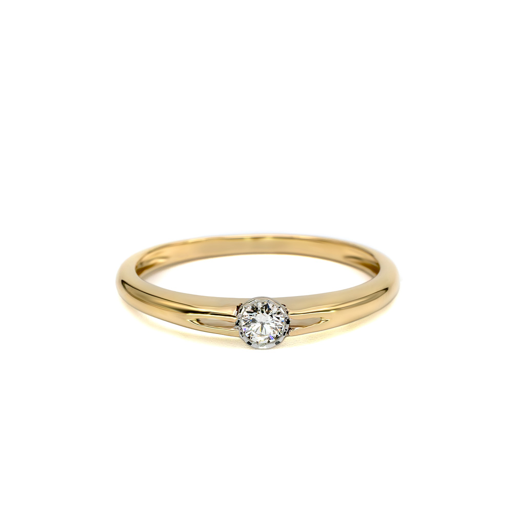 Petrals sárga arany klasszikus szoliter gyűrű kerek briliáns gyémánttal karcsú sínnel