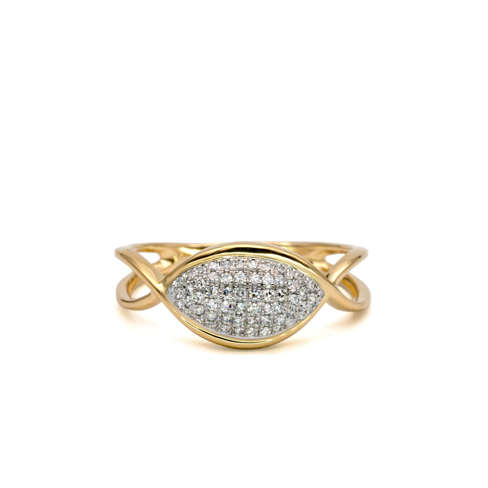 Petrals sárga arany gyűrű marquise alakú pavé gyémánt motívummal fonódó karikával