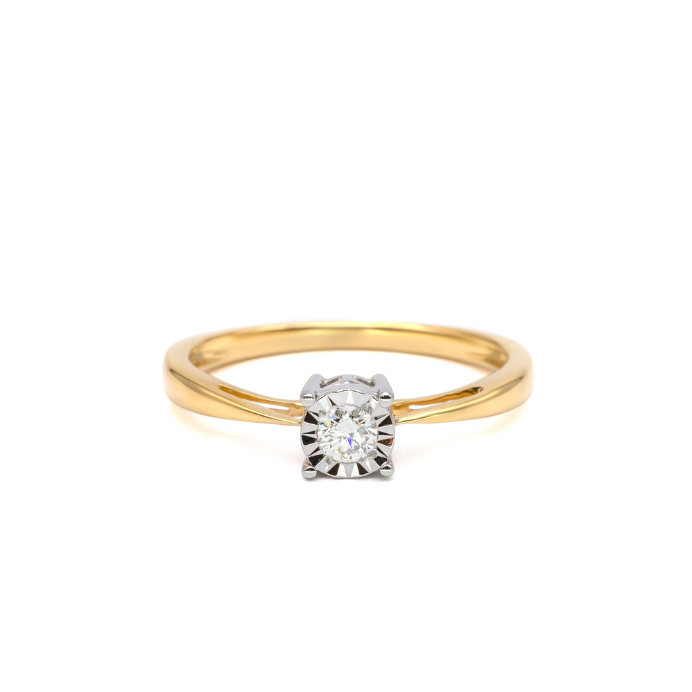 Petrals sárga arany gyűrű fehérarany négy karmos foglalatban ragyogó kerek gyémánt szoliterrel