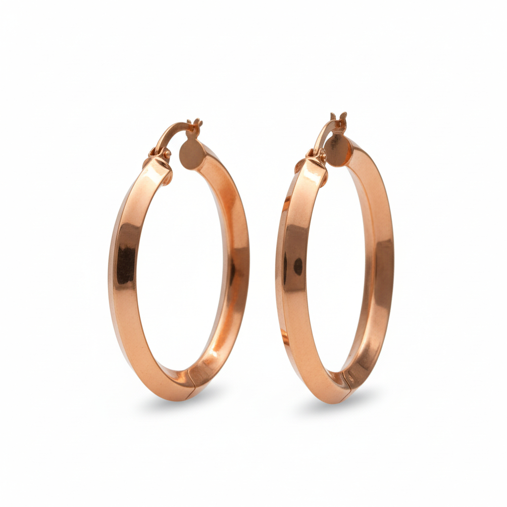 Petrals 14 karátos rozé arany széles lapos tükörfényes karika fülbevaló bepattintós zárral