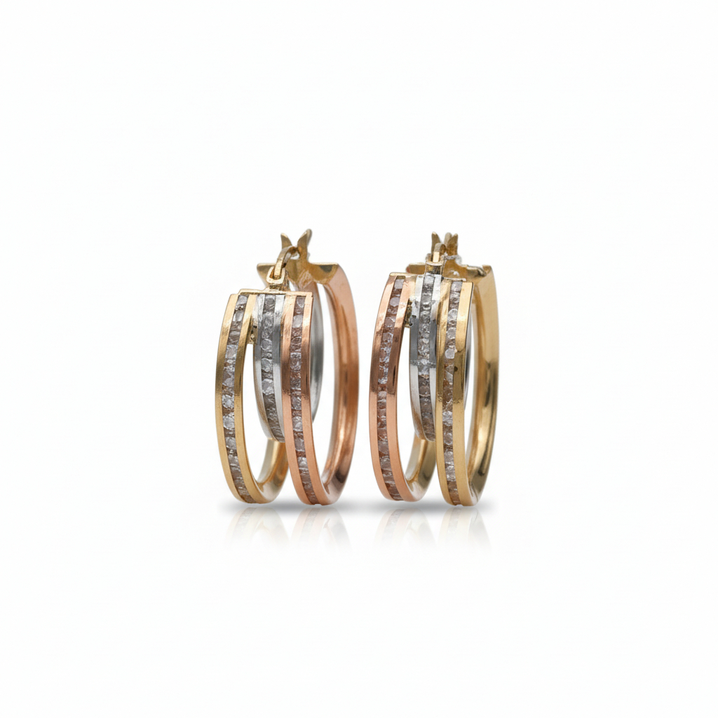 Petrals trikolór 14 karátos arany karika fülbevaló soros cirkónia díszítéssel.