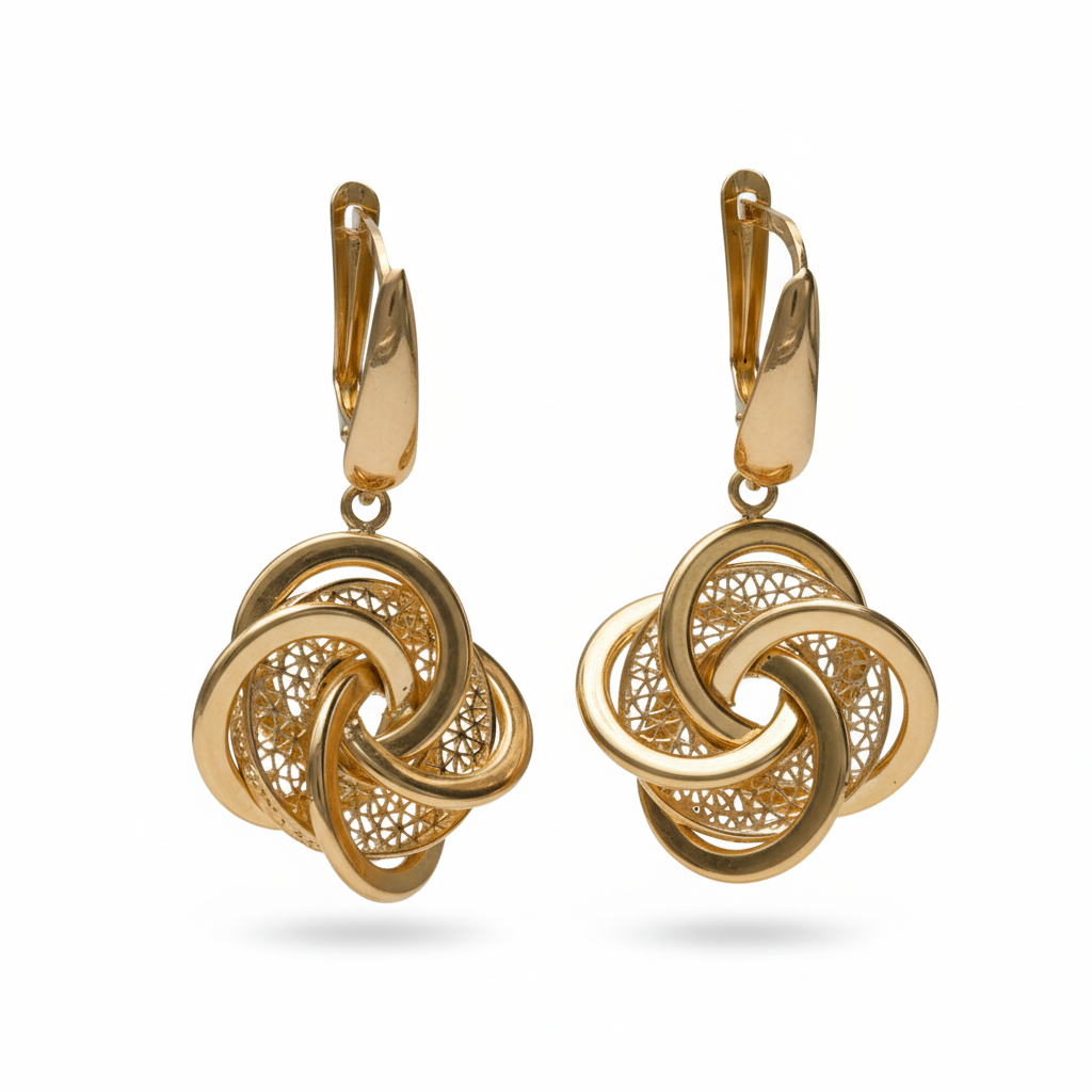 Petrals 14 karátos sárga arany filigráncsipke rozetta fülbevaló francia kapoccsal, elegáns viseleti fotóval