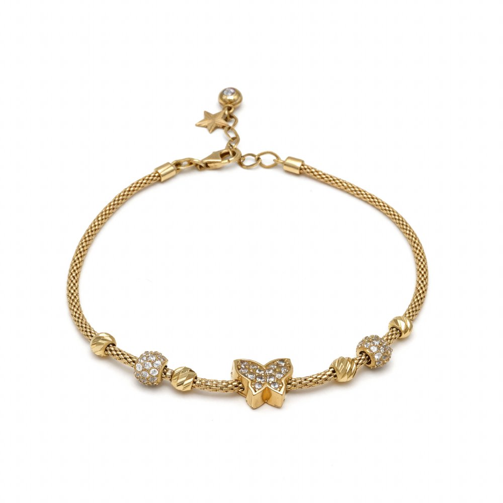 Petrals pavé pillangó karkötő 14 karátos sárga aranyból gyémánt szárnyakkal finom láncon.