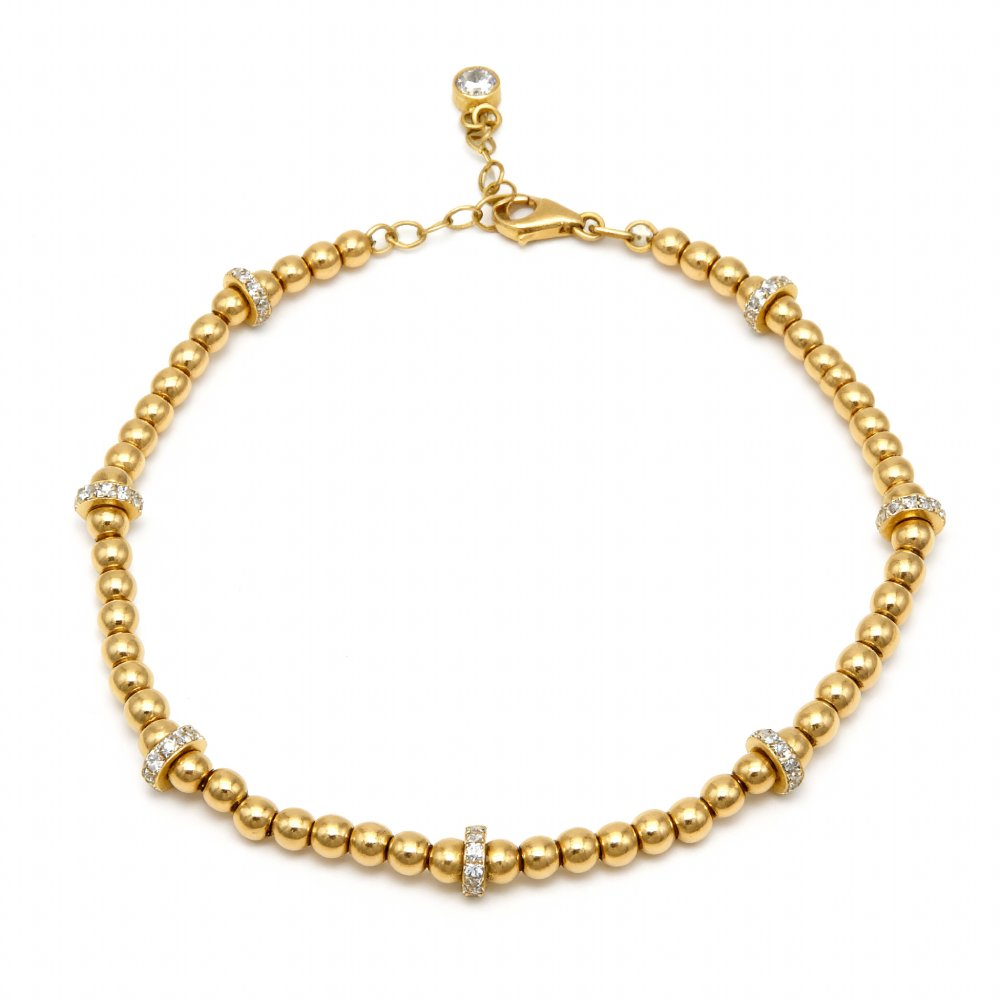 Petrals arany gyöngyfüzér karkötő csillogó pavié foglalattal, elegáns női ékszer finom lánccal.