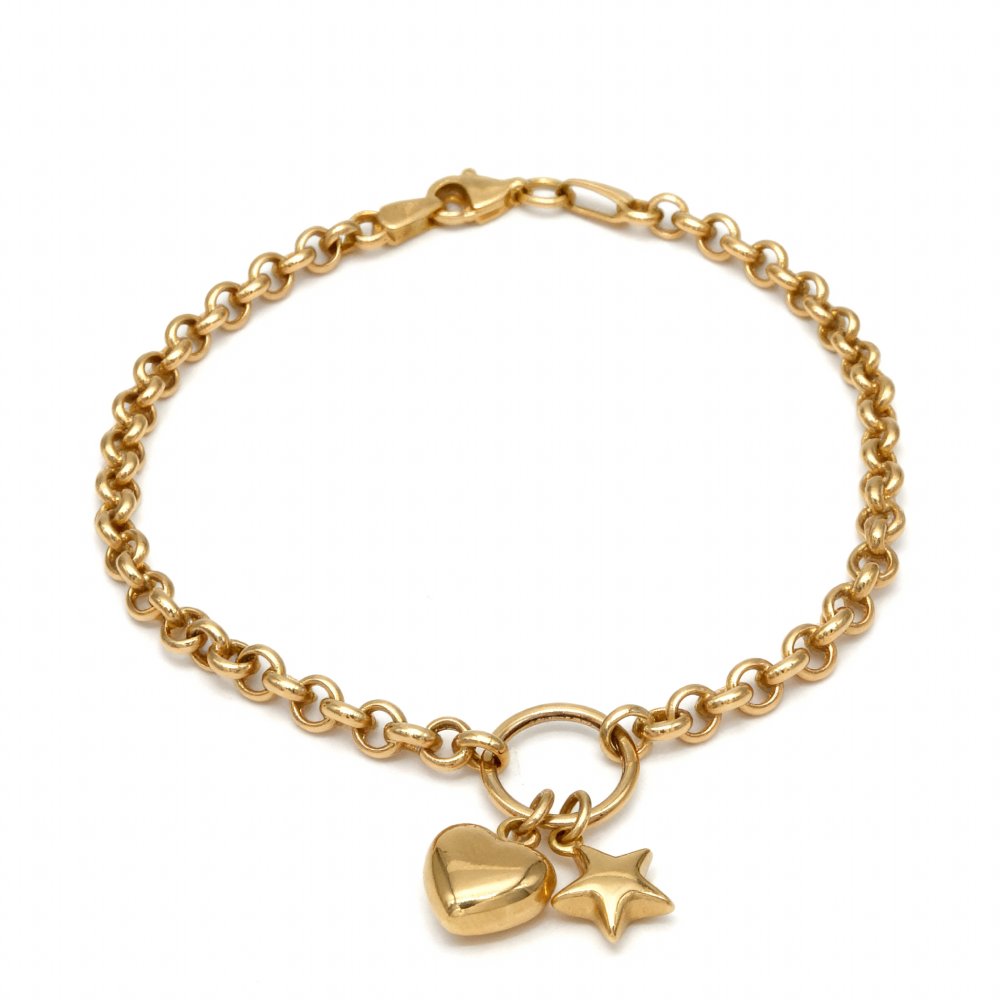 Petrals szív csillag charm karkötő sárga aranyból dupla motívummal csatolláncon.