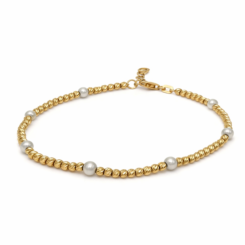 Petrals gyöngyös kapocs karkötő 14 karátos sárga aranyból fehér gyöngyökkel elegáns kapoccsal.