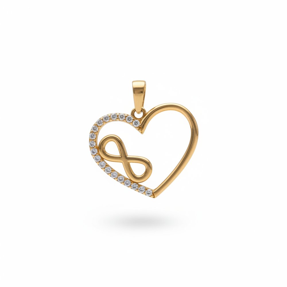 Petrals márkájú 14 karátos sárga arany szív medál végtelen jellel és fehér cirkónia kövekkel.