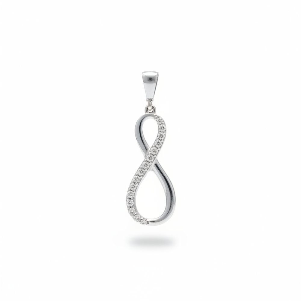 Modern Petrals 14K fehér arany végtelen medál szikrázó cirkónia kövekkel díszítve.