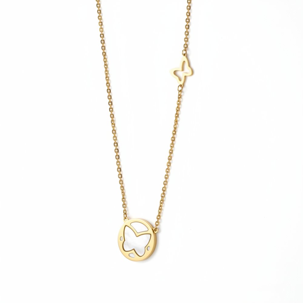 Petrals 14 karátos sárga arany nyaklánc áttört pillangó körmedállal és lebegő pillangó díszítéssel