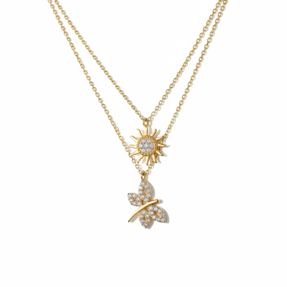 Petrals 14 karátos sárga arany dupla nyaklánc cirkónia napkorong és pillangó medállal