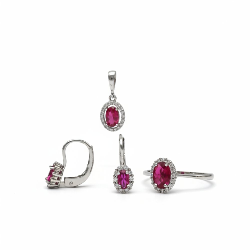 Petrals 14 karátos arany ékszer szett rubinvörös kövekkel és halo díszítéssel.