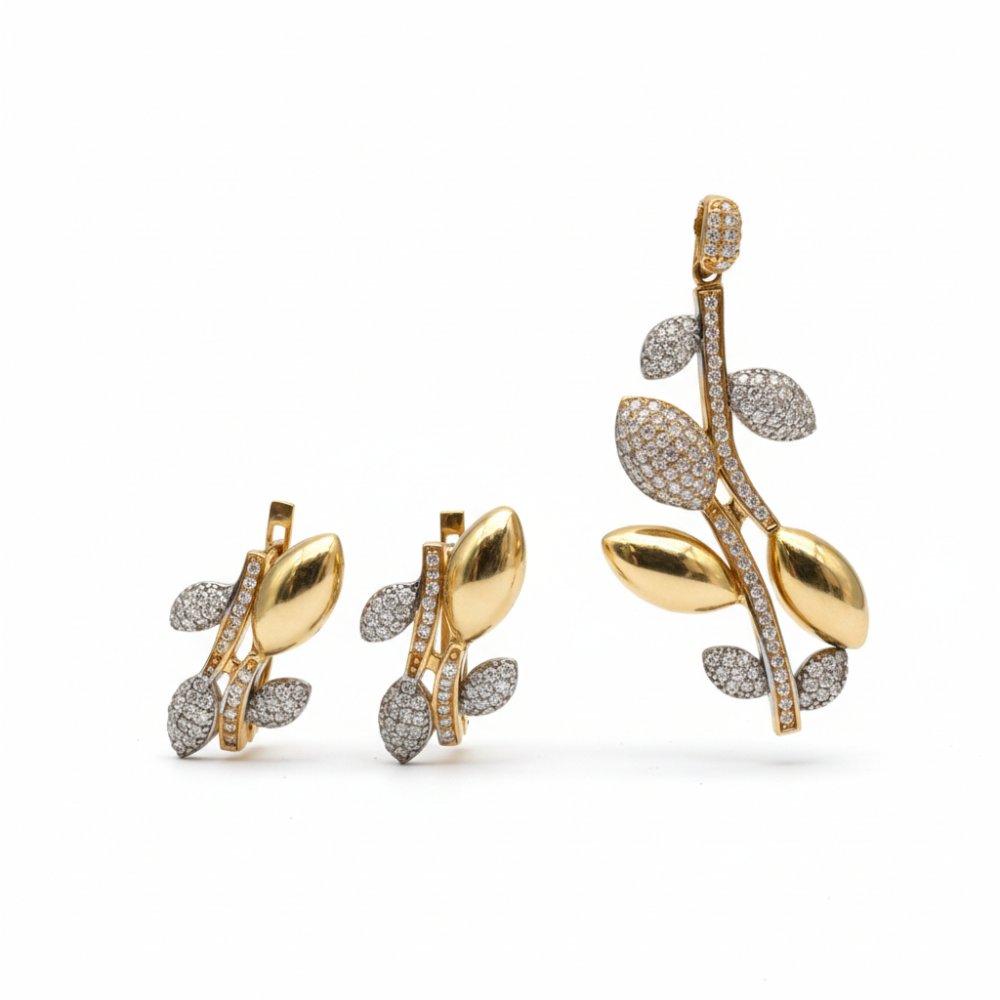 Petrals 14K arany levél ékszerszett pavé cirkóniákkal, elegáns fülbevaló és medál természet ihlette dizájnnal