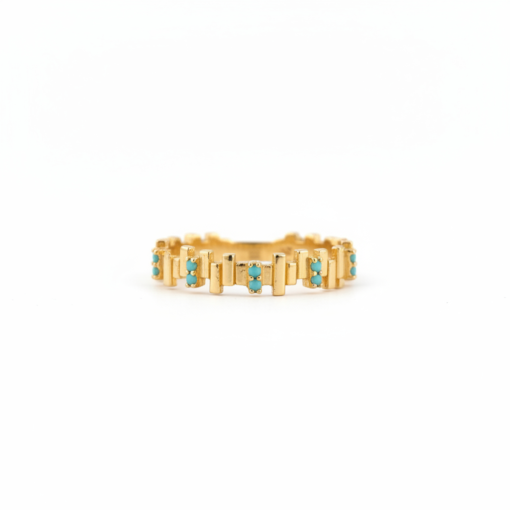 Ez a 14 karátos sárga arany ékszer a modern, geometrikus oszlopos kialakítást ötvözi a vibráló türkiz cirkóniák karmos foglalatú eleganciájával az exkluzív megjelenésért.