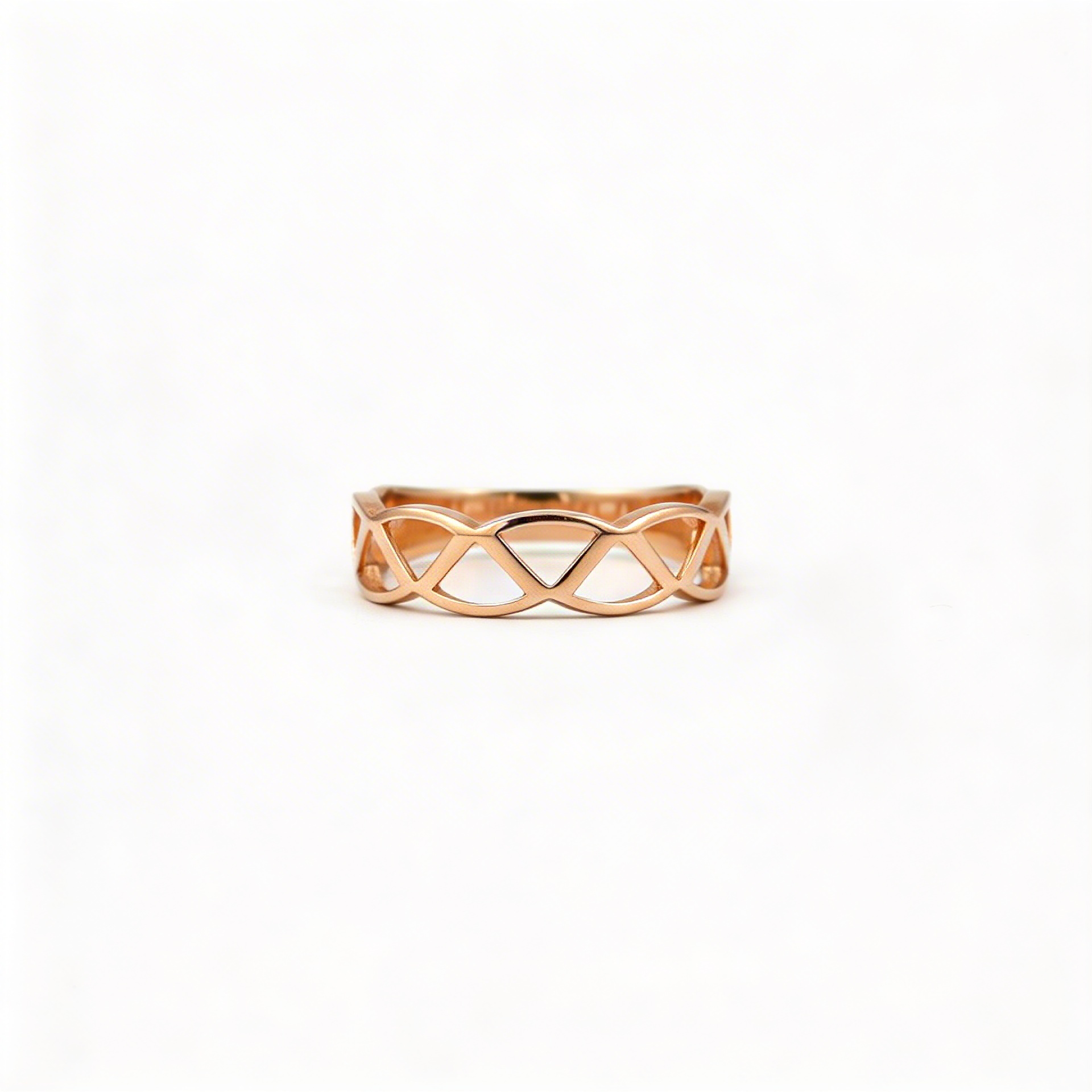 Petrals 14 karátos rozé arany áttört fonott geometrikus sávgyűrű, tükörfényes polírozás, köves díszítés nélkül